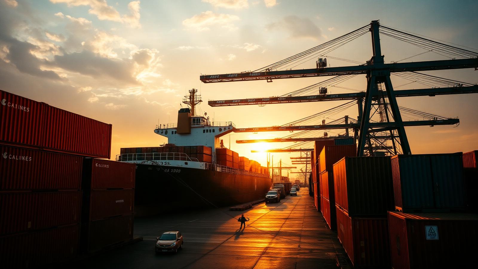 Cargo ship at an East African port at golden hour with stacked shipping containers
